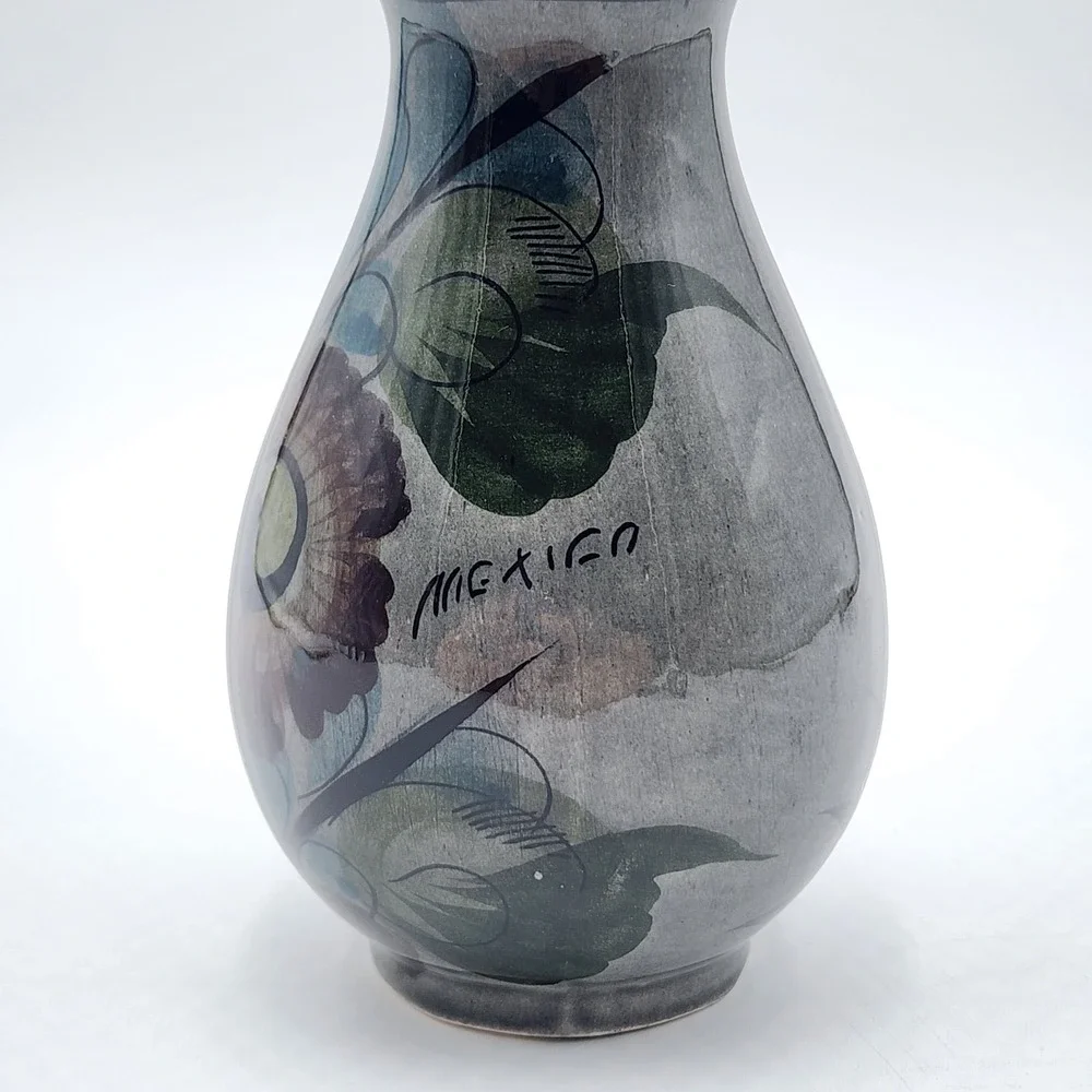 Vintage Mexican Tonala Style Pottery Vase Hand Painted Floral Signed Mexico